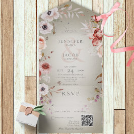 Invitación Todo En Uno Código QR Románico Verde y Floral Rosa