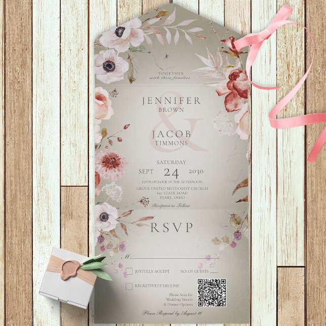 Invitación Todo En Uno Código QR Románico Verde y Floral Rosa (Subido por el creador)