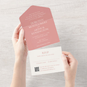 Invitación Todo En Uno Código QR Rosa Coral Moderno Elegante Boda