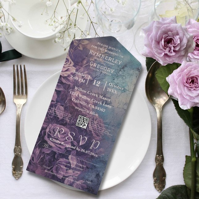 Invitación Todo En Uno Código QR Rosa de Lavanda Gótica Púrpura Oscura (Subido por el creador)