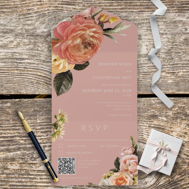 Invitación Todo En Uno Código QR rosa floral de la Mimosa Peach moderna (Subido por el creador)