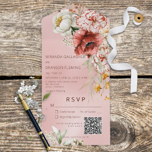 Invitación Todo En Uno Código QR rosa rosa rosa floral rosa Rubor y blanc