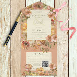 Invitación Todo En Uno Código QR rosa y rojizo de Rubor floral vintage<br><div class="desc">TAMBIÉN ESTÁ DISPONIBLE SIN CÓDIGO QR O CON O SIN OPCIONES DE SELECCIÓN DE CENAS EN LA ZONA RSVP. Este diseño vintage tiene un aspecto de porcelana envejecida con pequeñas grietas suaves en el fondo y áreas de texto. Los ramos florales son dorados, rosa oscuro, óxido y crema, con un...</div>