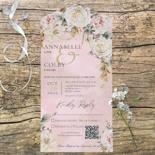 Invitación Todo En Uno Código QR rosado de rosa y pampas boho