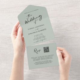 Invitación Todo En Uno Código QR RSVP Calligraphy Sage Green Boda