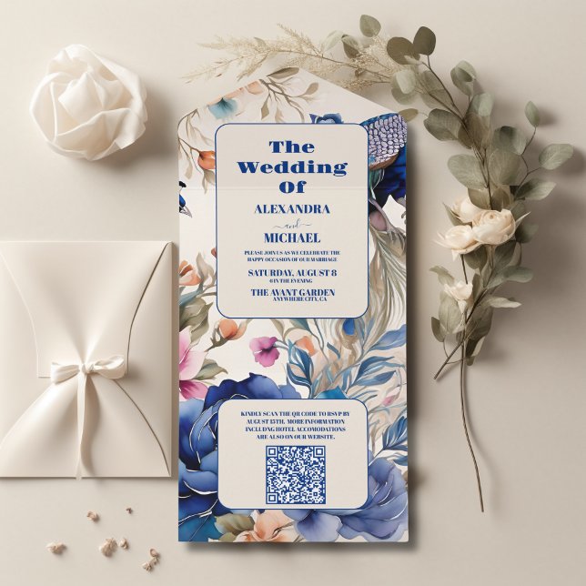 Invitación Todo En Uno Código QR Rubor Floral Peacock Chinoiserie Boda (Subido por el creador)