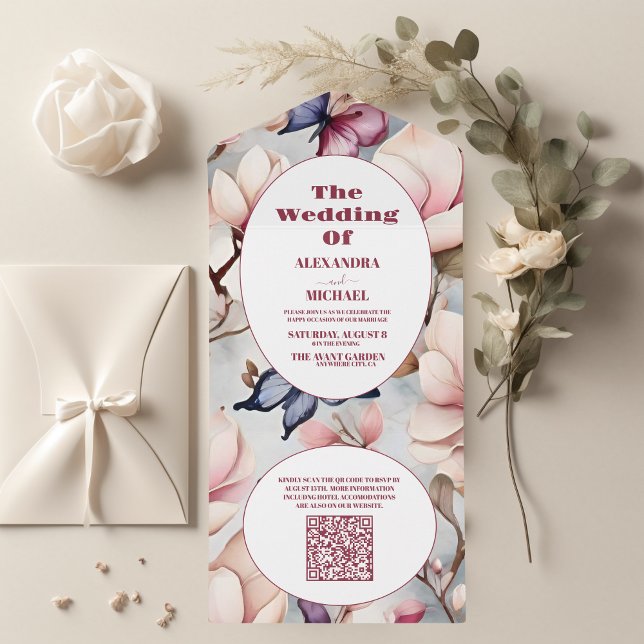 Invitación Todo En Uno Código QR Rubor Pink Magnolia Boda floral (Subido por el creador)