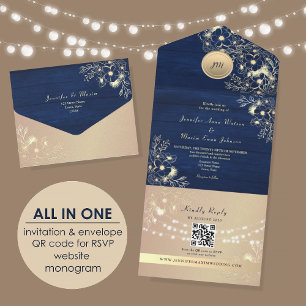 Invitación Todo En Uno Código QR Rústico Boda Rosa Oro Marino