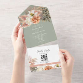 Invitación Todo En Uno Código QR Sage Green Floral Boda
