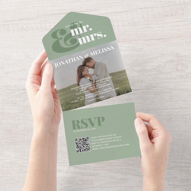 Invitación Todo En Uno código QR | Sage Green Overlay Photo Script Boda (desgarro)