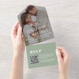 Invitación Todo En Uno Código QR | Sage Green Simple Overlay Photo Boda
