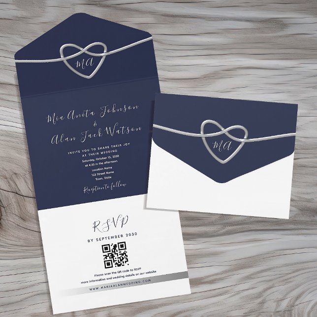 Invitación Todo En Uno Código QR simple Boda azul de la marina (Subido por el creador)