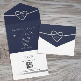Invitación Todo En Uno Código QR simple de boda azul marino