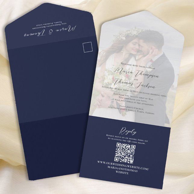 Invitación Todo En Uno Código QR simple Foto Navy Blue RSVP en línea (Simple Navy blue wedding invitation with vellum photo overlay effect all in one style. )
