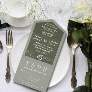 Invitación Todo En Uno Código QR simple minimalista verde oliva sabio mar