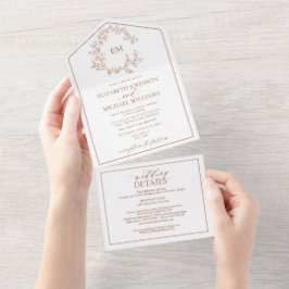 Invitación Todo En Uno Código QR Terracotta Leafy Escudo Monograma Boda