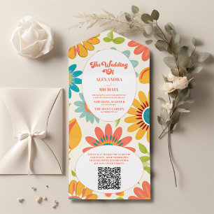 Invitación Todo En Uno Código QR Tipografía Retro Boda Verano Sol