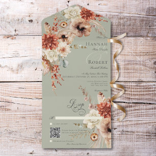 Invitación Todo En Uno Código QR Verde Boho Peach & Rust Floral & Feather