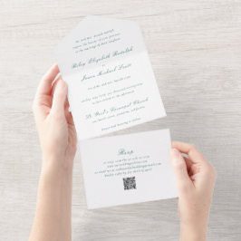 Invitación Todo En Uno Código QR Verde Esmeralda Limpio Elegante Boda