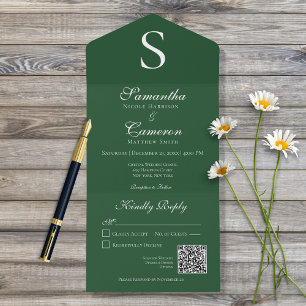Invitación Todo En Uno Código QR verde esmeralda monograma moderno