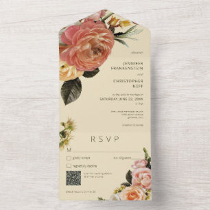 Invitación Todo En Uno Código QR verde floral de la Mimosa Peach moderna