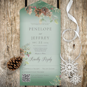 Invitación Todo En Uno Código QR verde moderno Pinecone & Berries