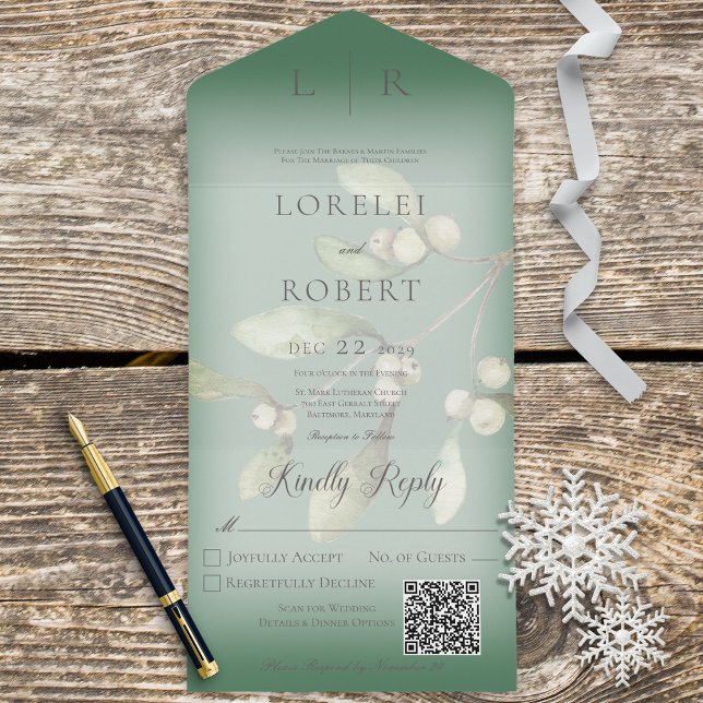 Invitación Todo En Uno Código QR verde pino moderno Mistletoe (Subido por el creador)