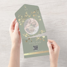 Código QR Verde Sage Dorado Floral Boda