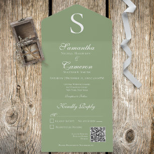Invitación Todo En Uno Código QR Verde Sage Monograma Moderno
