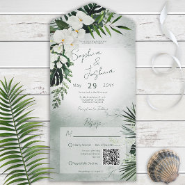 Invitación Todo En Uno Código QR verde verde moderno Boho Tropical Greene
