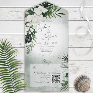 Invitación Todo En Uno Código QR verde verde moderno Boho Tropical Greene
