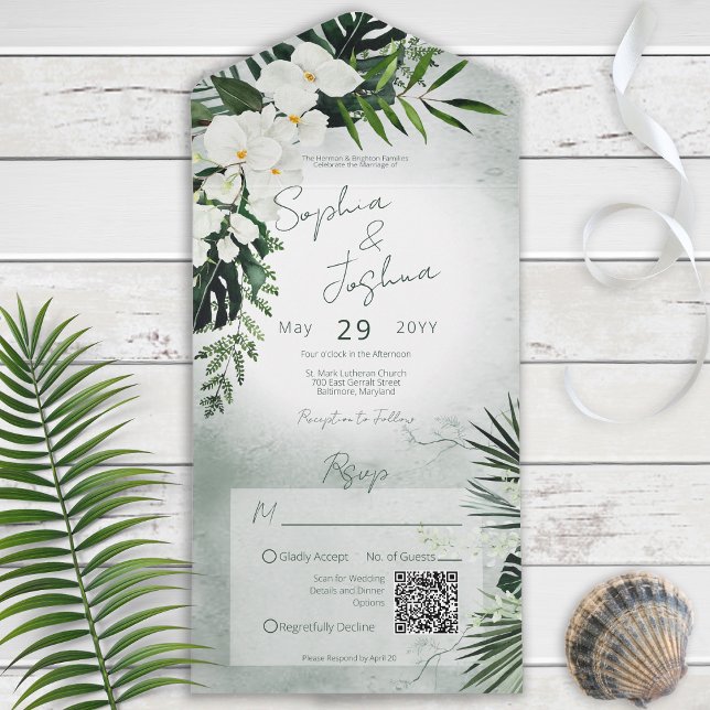 Invitación Todo En Uno Código QR verde verde moderno Boho Tropical Greene (Subido por el creador)
