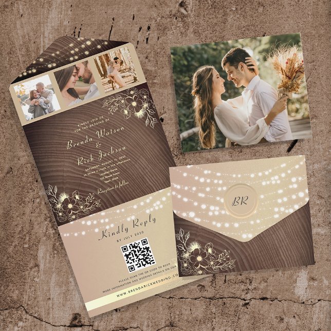 Invitación Todo En Uno Código QR y fotos Boda de Rustic String Lights (Subido por el creador)
