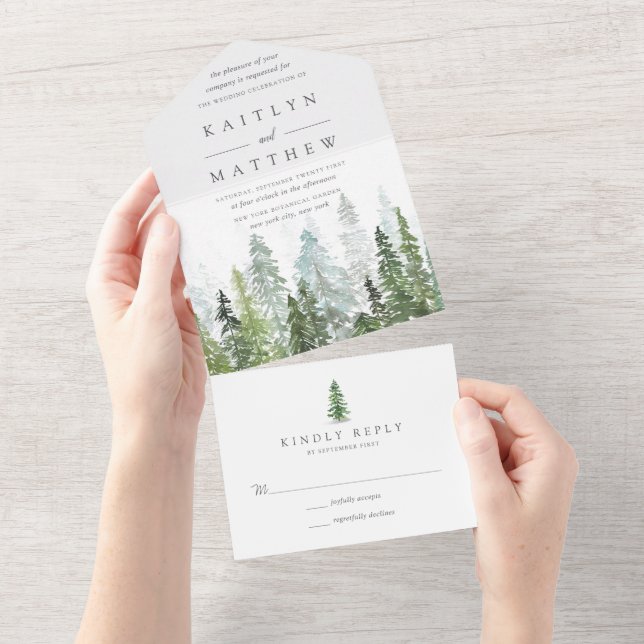 Invitación Todo En Uno Colección de Bodas del bosque de pinos acuarela (desgarro)