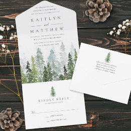 Invitación Todo En Uno Colección de Bodas del bosque de pinos acuarela