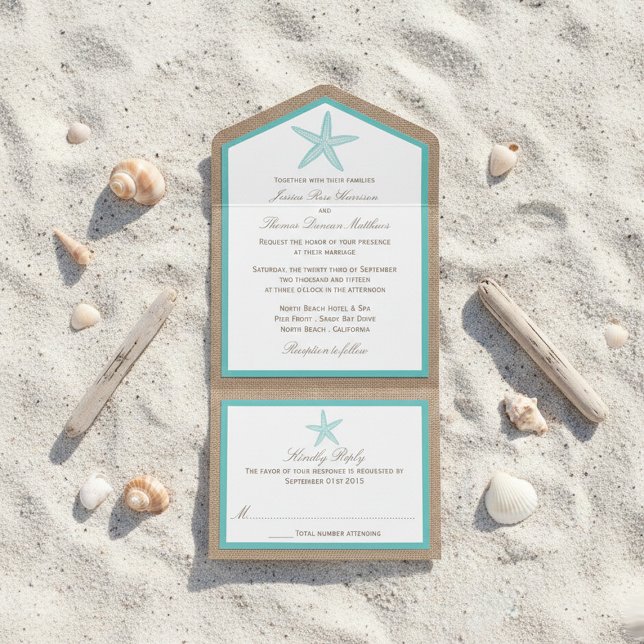Invitación Todo En Uno Colección Turquoise Starfish Burlap Beach Wedding (Subido por el creador)