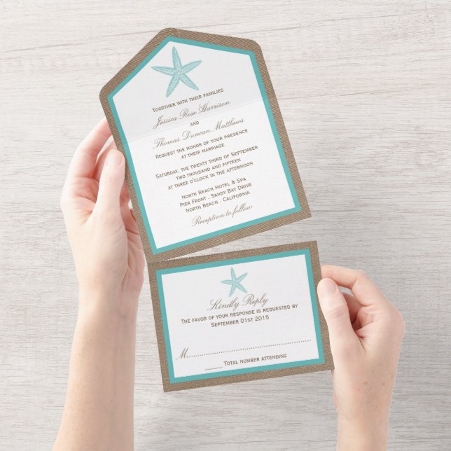 Invitación Todo En Uno Colección Turquoise Starfish Burlap Beach Wedding