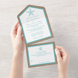 Invitación Todo En Uno Colección Turquoise Starfish Burlap Beach Wedding