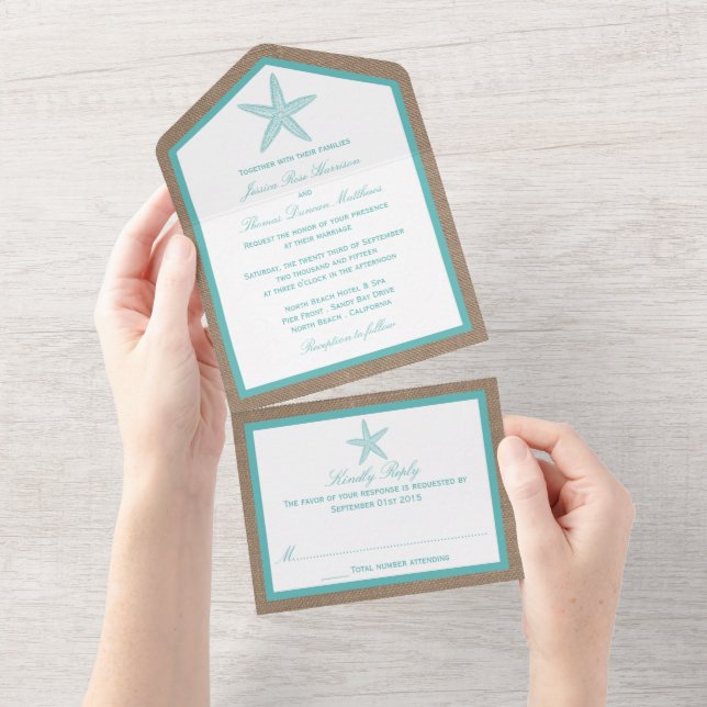 Invitación Todo En Uno Colección Turquoise Starfish Burlap Beach Wedding (desgarro)