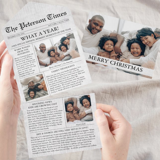 Invitación Todo En Uno Collage de fotos de Navidades únicos de periódico (Newspaper Christmas Card)