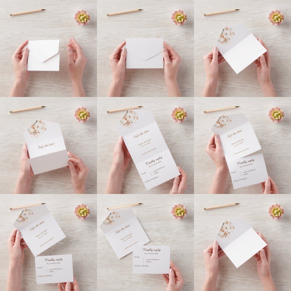 Invitación Todo En Uno Color acuático beige floral y oro