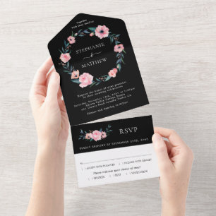 Invitación Todo En Uno Color de agua rosada Floral Boda de guirnalda negr