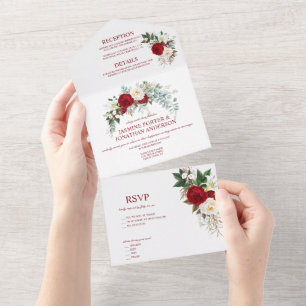 Invitación Todo En Uno Color de agua Roses rojo y blanco de Borgoña todo 