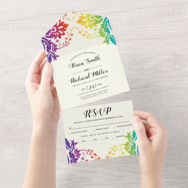 Invitación Todo En Uno Colores del arcoiris damasco gay, boda lesbiana (desgarro)