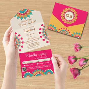 Invitación Todo En Uno Colorida etnia mandarala audaz y brillante Boda