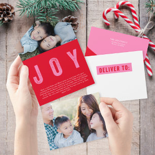 Invitación Todo En Uno Colorida JOY Tear Away Photo Holiday Card