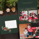 Invitación Todo En Uno Coloridas fotos de dos fotos de Feliz Navidad Poin<br><div class="desc">Diseño festivo y colorido que presenta una plantilla de dos fotos con personalizado de oro. Gráfica de texto de Feliz Navidad con un spray de puninsettias de Navidades tradicionales y con fondo verde.</div>