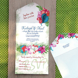 Invitación Todo En Uno Coloridas Plumerias Rosadas Coral Turquesa Azul Tr