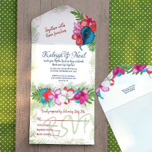 Invitación Todo En Uno Coloridas Plumerias Tropicales Rosadas Coral Turqu