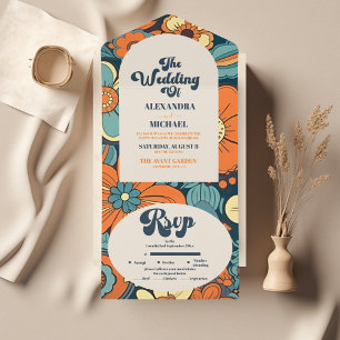 Invitación Todo En Uno Colorido Groovy Retro Floral Boda de los 70